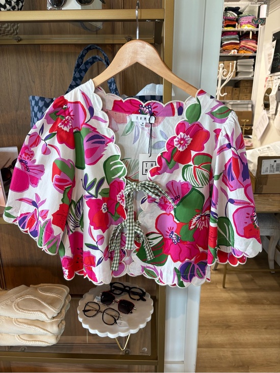 THML Tops - THML White Floral Tie-Front Crop Blouse in Pink & Green